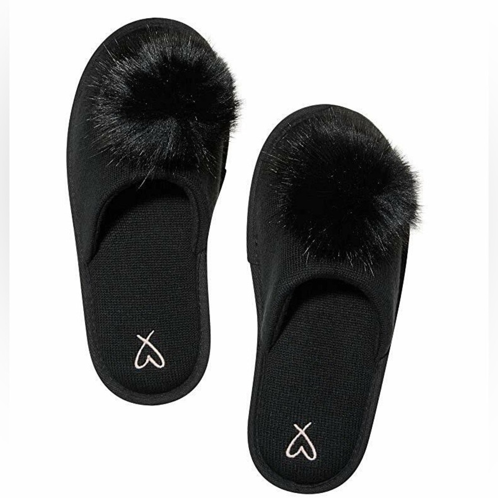 Victoria’s Secret black slippers with pom poms size large sleepwear loungewear
